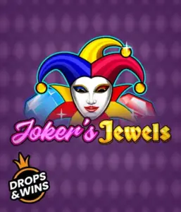 Discover the playful charm of the Joker's Jewels game by Pragmatic Play, showcasing a mesmerizing joker's mask embellished with a multicolored jester hat. This graphic captures the fun and excitement of traditional joker games, set against a purple background. Perfect for casino game enthusiasts, delivering a entertaining play experience. 